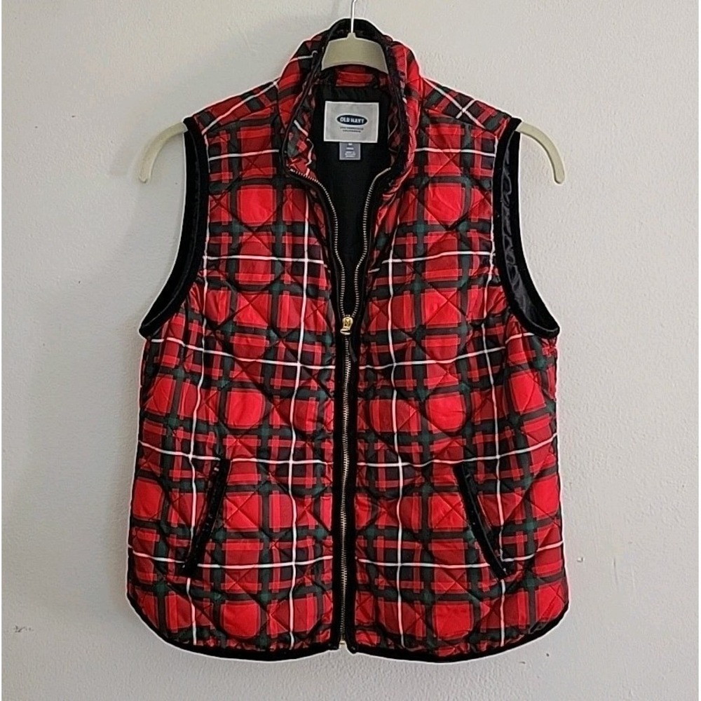 Old Navy Plaid Quilted Vest Red Medium Petite Full Zip Classic Holiday Preppy